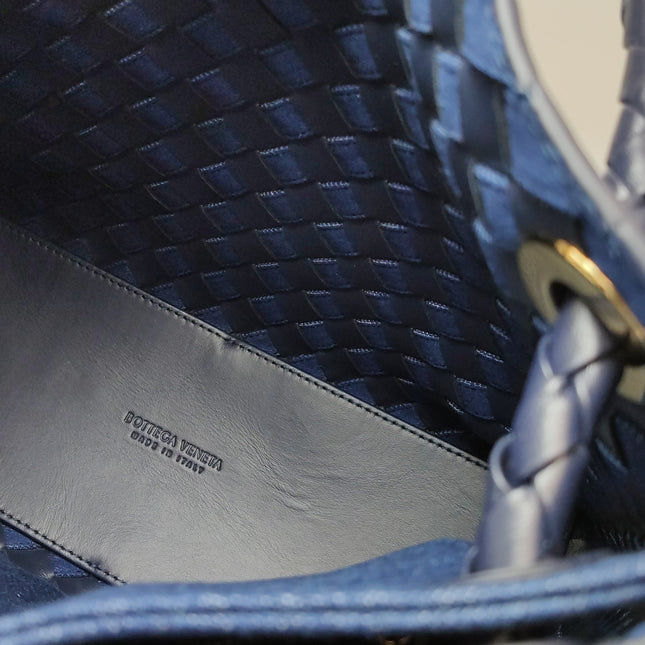 Bottega Veneta Andiamo Medium Navy Leather and Denim Intrecciato Leather Handbag