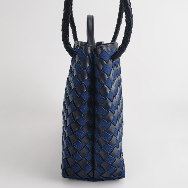 Bottega Veneta Andiamo Medium Navy Leather and Denim Intrecciato Leather Handbag