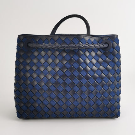 Sac à main en cuir Bottega Veneta Andiamo moyen en cuir et denim Intrecciato marine
