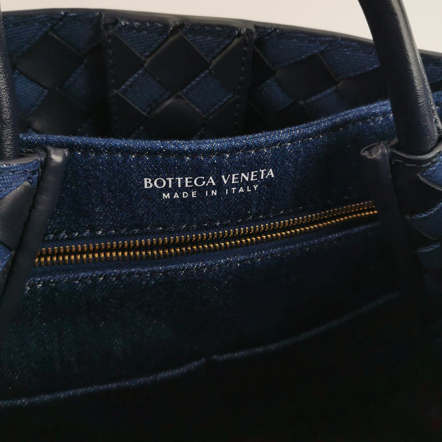 Bottega Veneta Andiamo Medium Navy Leather and Denim Intrecciato Leather Handbag