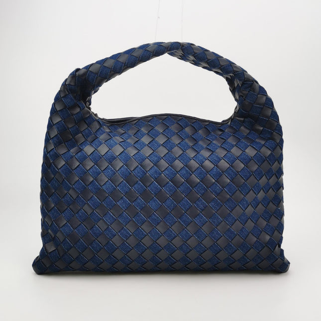 Bottega Veneta Hop Small Leather and Denim Intrecciato Navy Hobo Bag 41cm