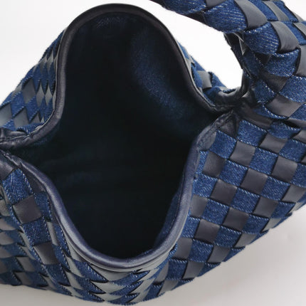 Bottega Veneta Hop Small Leather and Denim Intrecciato Navy Hobo Bag 41cm