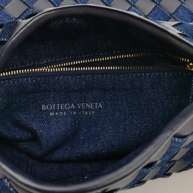 Bottega Veneta Hop Small Leather and Denim Intrecciato Navy Hobo Bag 41cm