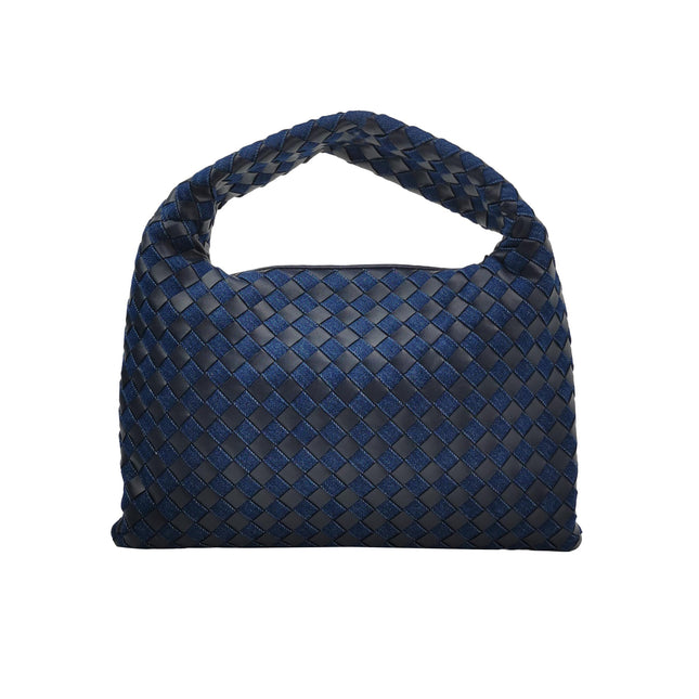 Bottega Veneta Hop Small Leather and Denim Intrecciato Navy Hobo Bag 41cm-Luxbags