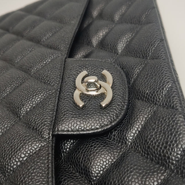 Chanel Classic Flap Jumbo 2011 Black Caviar Leather Double Flap Silver Hardware