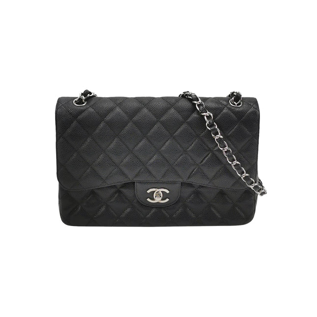 Chanel Classic Flap Jumbo 2011 Black Caviar Leather Double Flap Silver Hardware