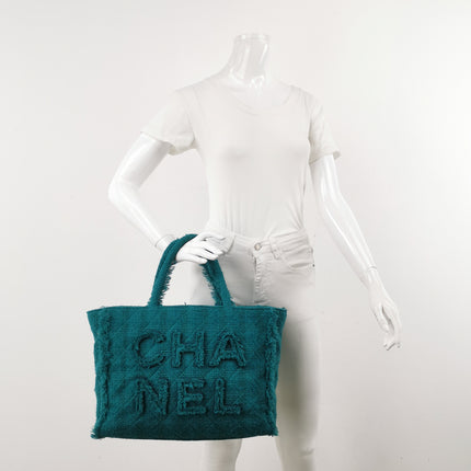 Chanel x Pharrel Williams Tweed Giant Logo Shopping Tote Green Quilted