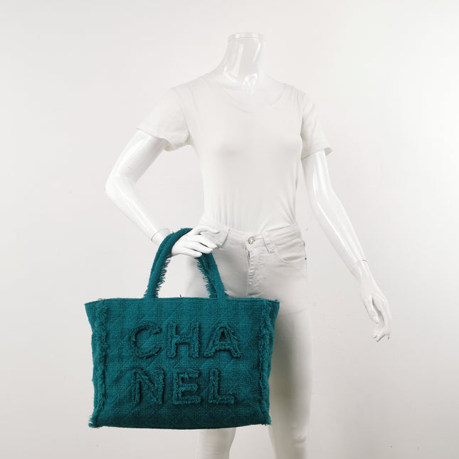 Chanel x Pharrel Williams Tweed Giant Logo Shopping Tote Green Quilted