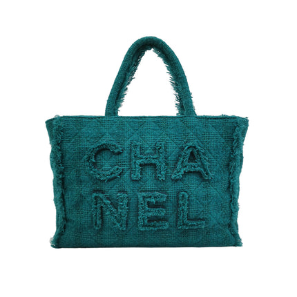 Chanel x Pharrel Williams Tweed Giant Logo Shopping Tote Green Quilted
