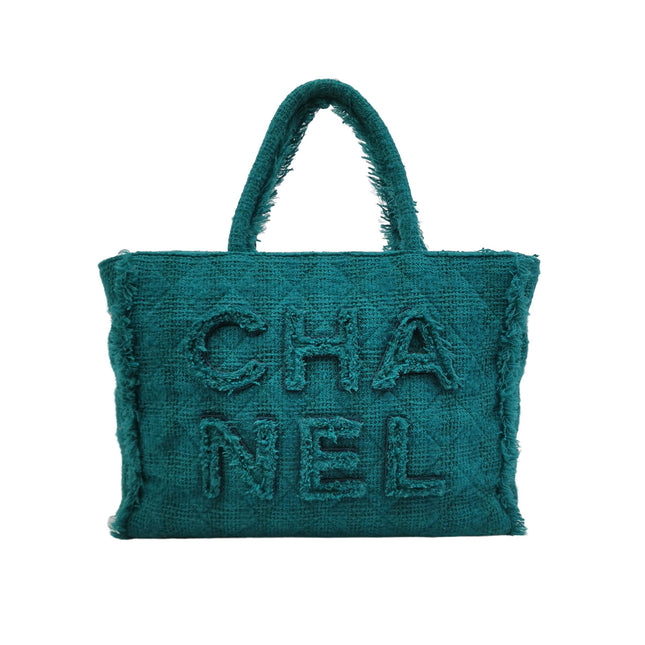 Chanel x Pharrel Williams Tweed Giant Logo Shopping Tote Green Quilted