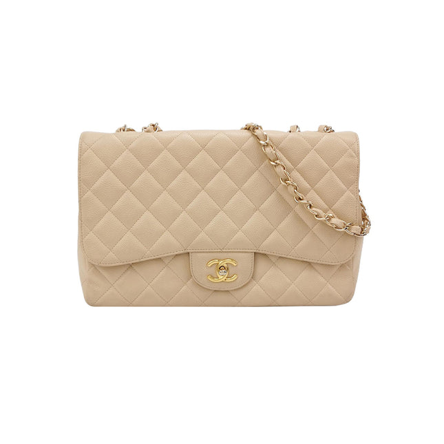 Chanel Classic Flap Jumbo Beige Caviar Leather Single Flap Silver Hardware