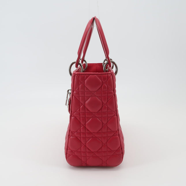 Lady Dior Medium Red Lambskin Leather Gold Hardware Leather Strap