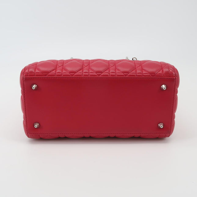 Lady Dior Medium Red Lambskin Leather Gold Hardware Leather Strap