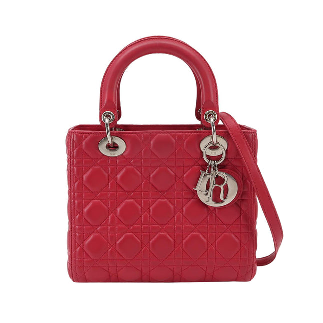 Lady Dior Medium Red Lambskin Leather Gold Hardware Leather Strap-Luxbags