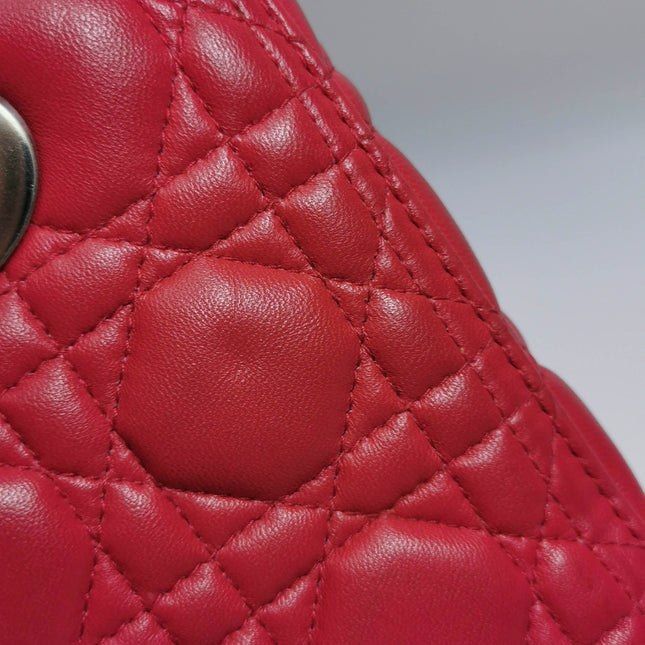 Lady Dior Medium Red Lambskin Leather Gold Hardware Leather Strap