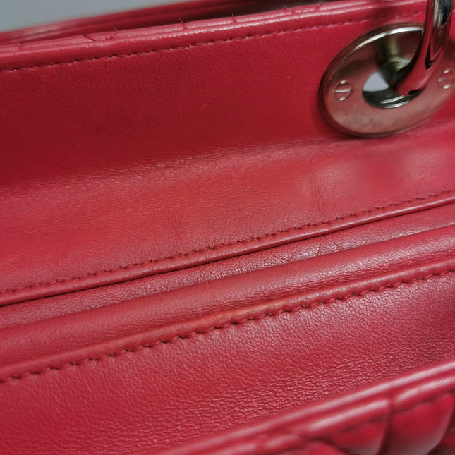 Lady Dior Medium Red Lambskin Leather Gold Hardware Leather Strap