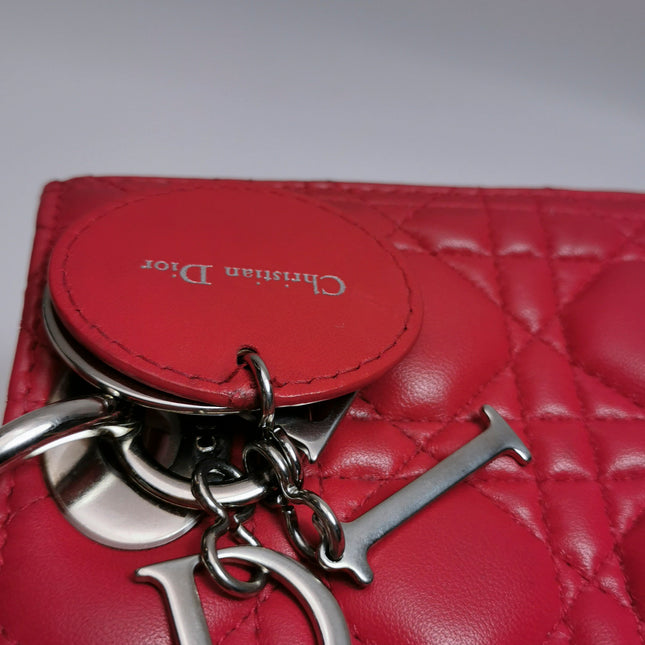 Lady Dior Medium Red Lambskin Leather Gold Hardware Leather Strap