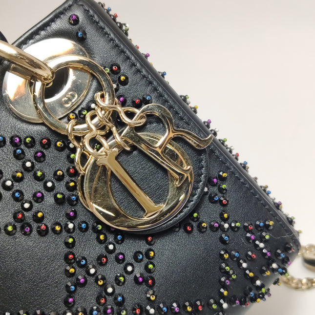 Lady Dior Mini Black Calfskin Leather with Multicolor Crystals Gold Hardware
