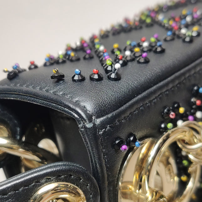 Lady Dior Mini Black Calfskin Leather with Multicolor Crystals Gold Hardware
