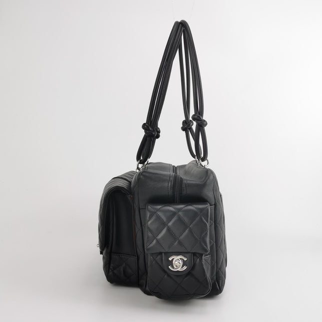 Chanel Cambon Multi-pocket Ligne Reporter Bag Large Black Calfskin Leather White Logo