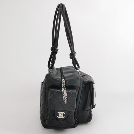 Chanel Cambon Multi-pocket Ligne Reporter Bag Large Black Calfskin Leather White Logo