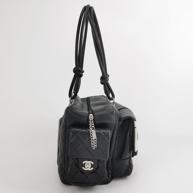Chanel Cambon Multi-pocket Ligne Reporter Bag Large Black Calfskin Leather White Logo