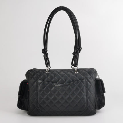 Chanel Cambon Multi-pocket Ligne Reporter Bag Large Black Calfskin Leather White Logo
