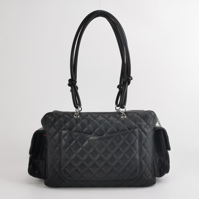 Chanel Cambon Multi-pocket Ligne Reporter Bag Large Black Calfskin Leather White Logo