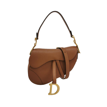 Dior Saddle 2022 Medium Tan Brown Grained Calfskin Leather Bag with Strap