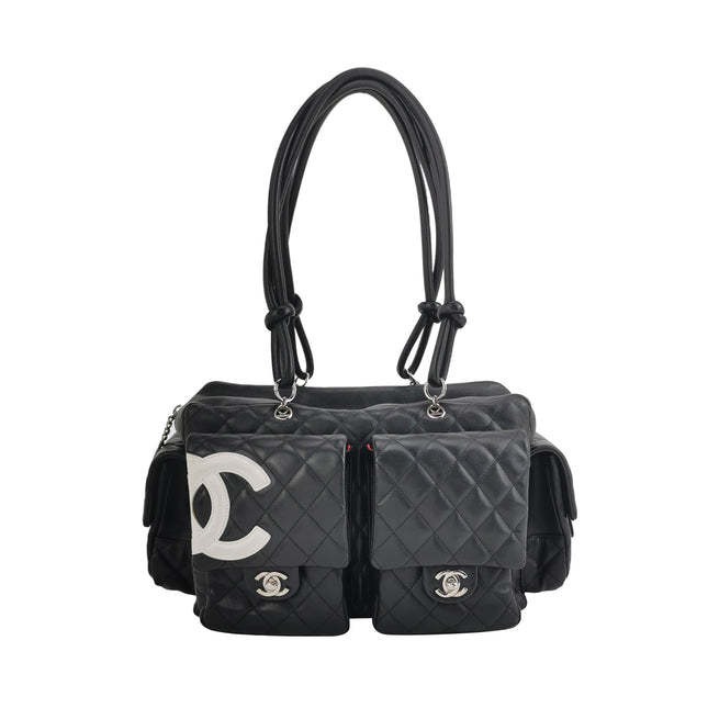 Sac Reporter Grande Taille Chanel Cambon Multipoches en Cuir de Veau Noir Logo Blanc
