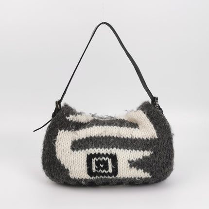 Fendi Baguette Bag Grey and White Wool Knit Shoulder Bag