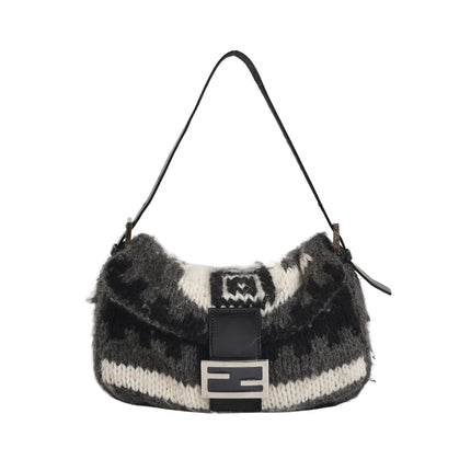 Fendi Baguette Bag Grey and White Wool Knit Shoulder Bag