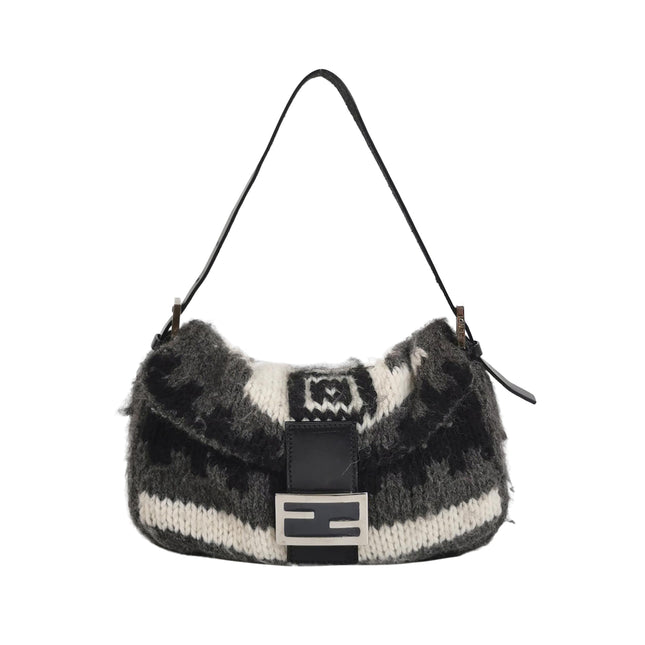 Fendi Baguette Bag Grey and White Wool Knit Shoulder Bag