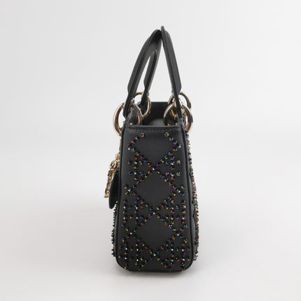 Lady Dior Mini Black Calfskin Leather with Multicolor Crystals Gold Hardware