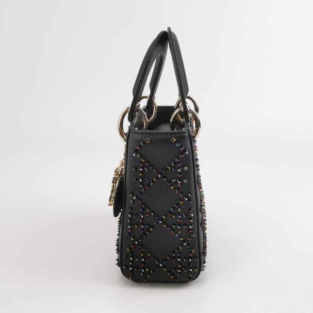 Lady Dior Mini Black Calfskin Leather with Multicolor Crystals Gold Hardware