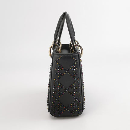 Lady Dior Mini Black Calfskin Leather with Multicolor Crystals Gold Hardware
