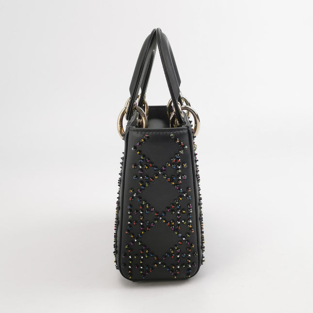 Lady Dior Mini Black Calfskin Leather with Multicolor Crystals Gold Hardware
