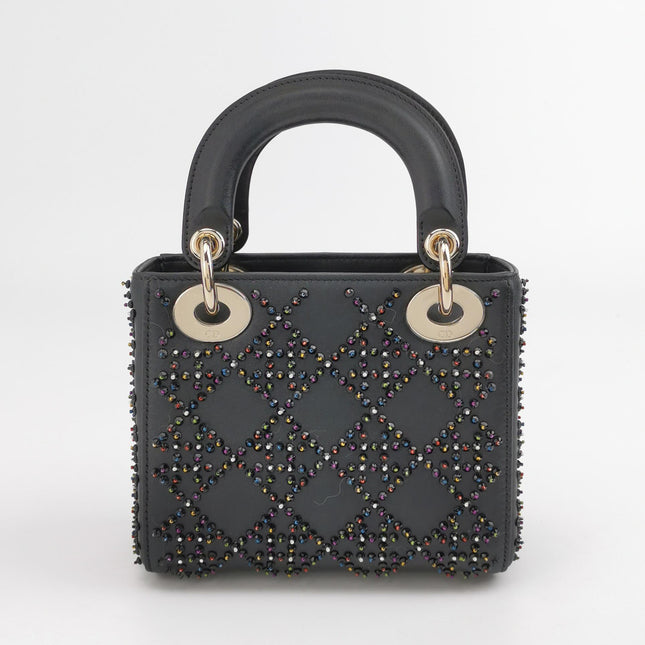 Lady Dior Mini Black Calfskin Leather with Multicolor Crystals Gold Hardware