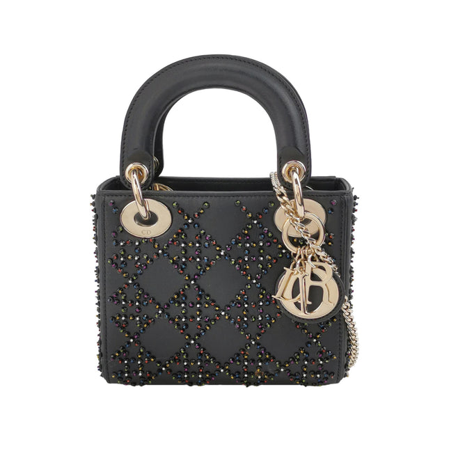 Lady Dior Mini Black Calfskin Leather with Multicolor Crystals Gold Hardware