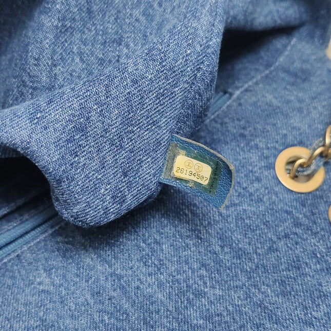 Chanel Blue Denim White Shearling Egyptian Hieroglyph Maxi Flap Bag Gold Hardware, 2019