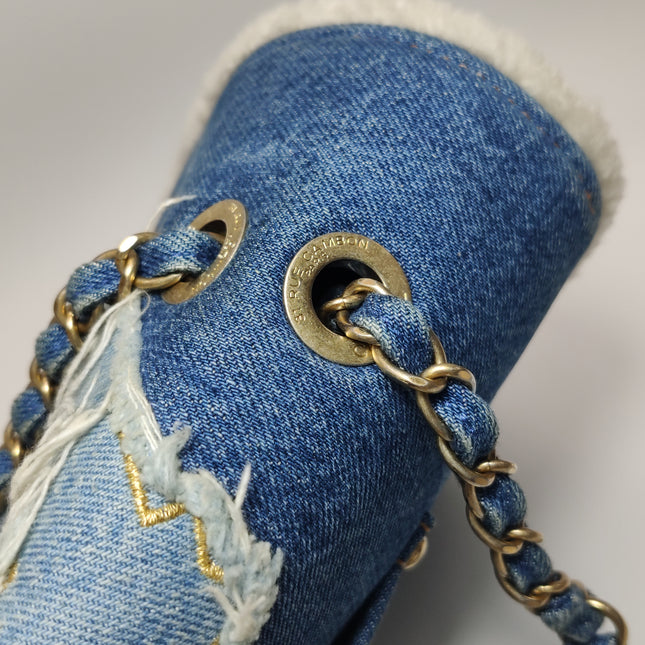 Chanel Blue Denim White Shearling Egyptian Hieroglyph Maxi Flap Bag Gold Hardware, 2019