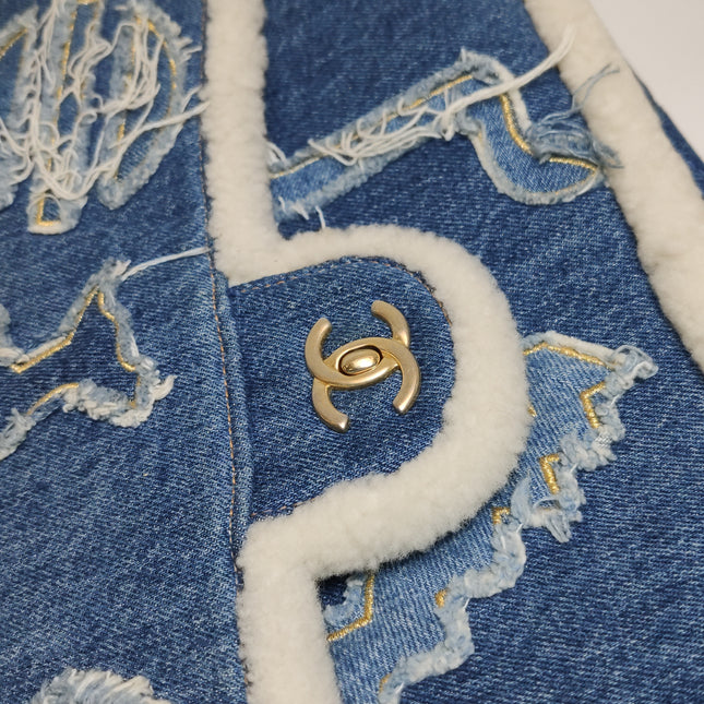 Chanel Blue Denim White Shearling Egyptian Hieroglyph Maxi Flap Bag Gold Hardware, 2019