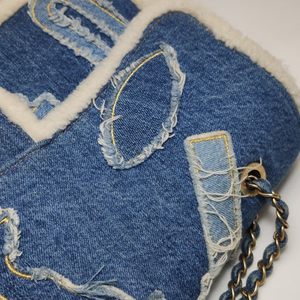 Chanel Blue Denim White Shearling Egyptian Hieroglyph Maxi Flap Bag Gold Hardware, 2019