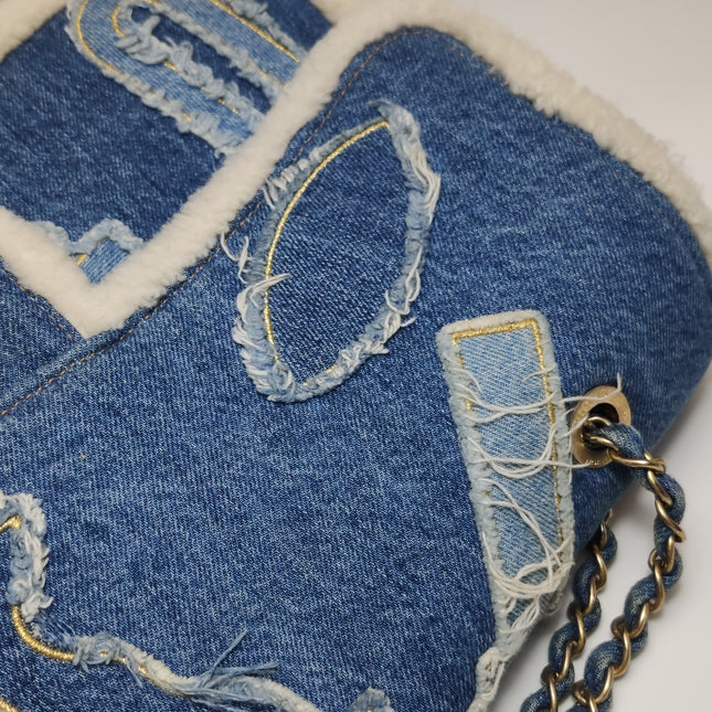 Chanel Blue Denim White Shearling Egyptian Hieroglyph Maxi Flap Bag Gold Hardware, 2019