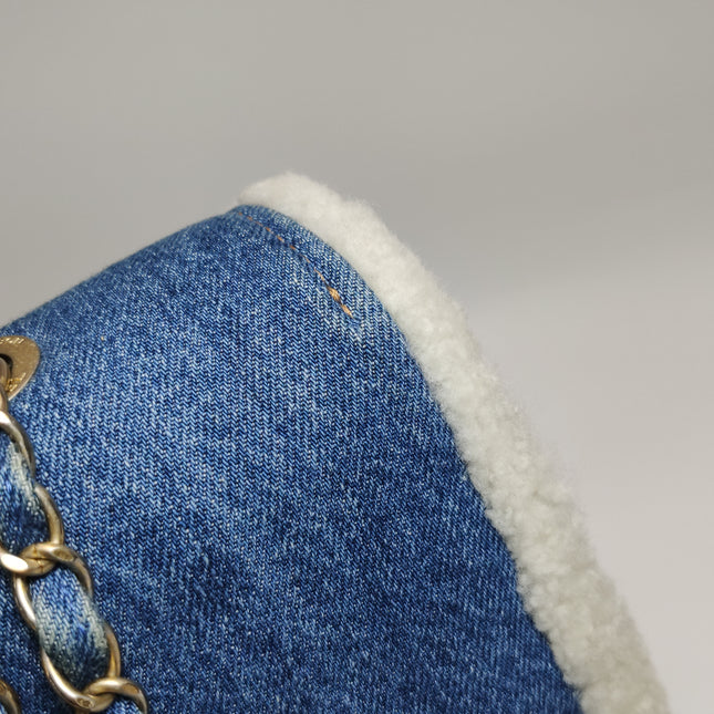 Chanel Blue Denim White Shearling Egyptian Hieroglyph Maxi Flap Bag Gold Hardware, 2019