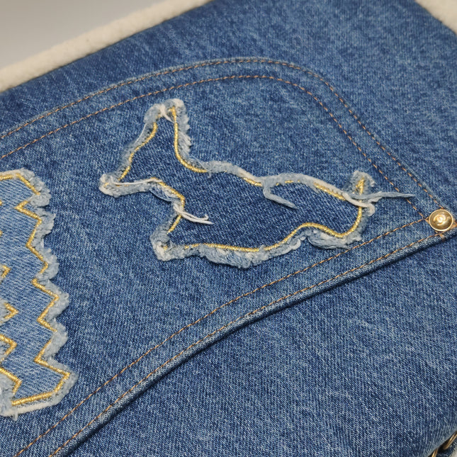 Chanel Blue Denim White Shearling Egyptian Hieroglyph Maxi Flap Bag Gold Hardware, 2019