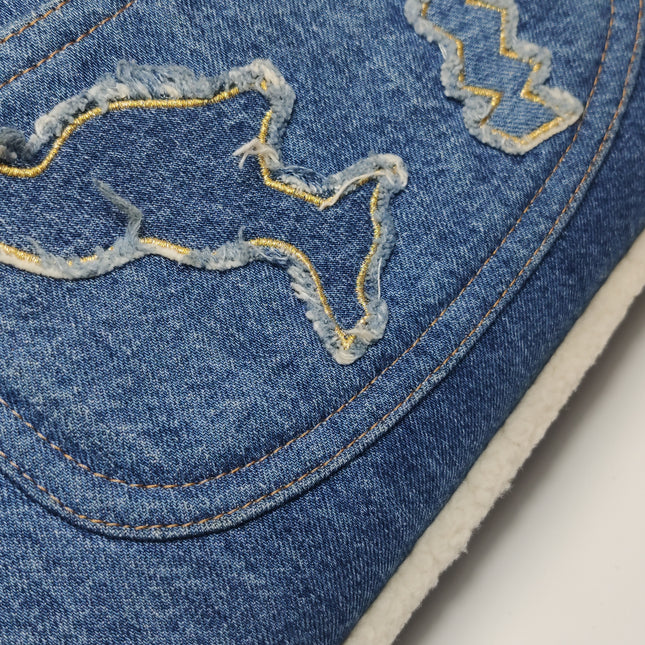 Chanel Blue Denim White Shearling Egyptian Hieroglyph Maxi Flap Bag Gold Hardware, 2019