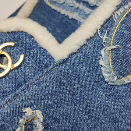 Chanel Blue Denim White Shearling Egyptian Hieroglyph Maxi Flap Bag Gold Hardware, 2019