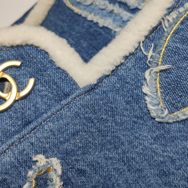Chanel Blue Denim White Shearling Egyptian Hieroglyph Maxi Flap Bag Gold Hardware, 2019