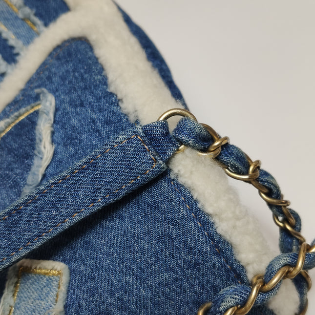 Chanel Blue Denim White Shearling Egyptian Hieroglyph Maxi Flap Bag Gold Hardware, 2019
